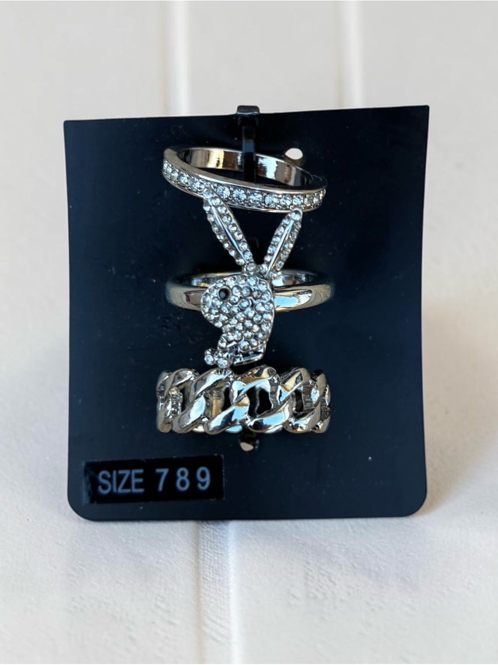 PLAYBOY Silver Crystal Bunny & Chain Ring Set